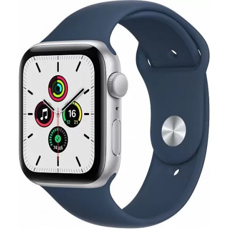 Apple Watch SE, 44 мм, корпус из алюминия серебристого цвета, спортивный ремешок цвета синий омут